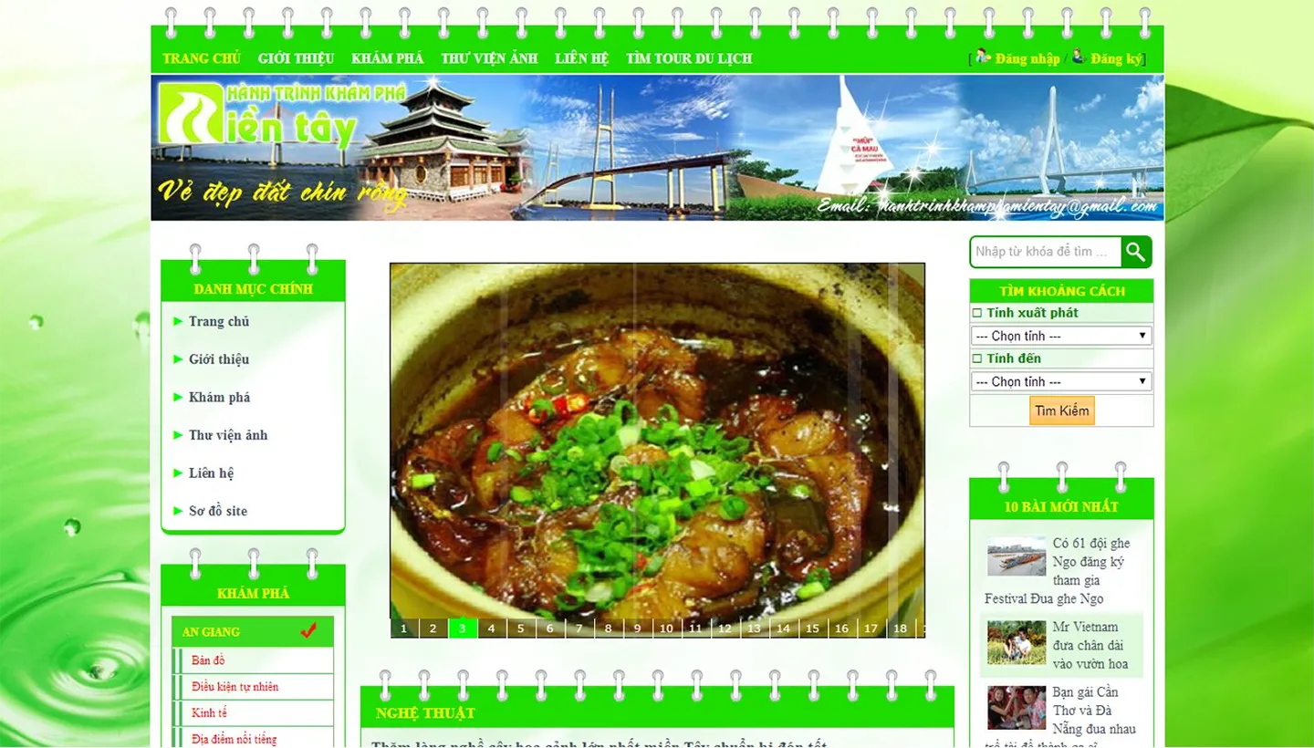 The home page of a Mekong Delta travel site: a green notebook-style layout with a banner of the region's landmarks, a photo slideshow, and sidebars for provinces and a distance search.