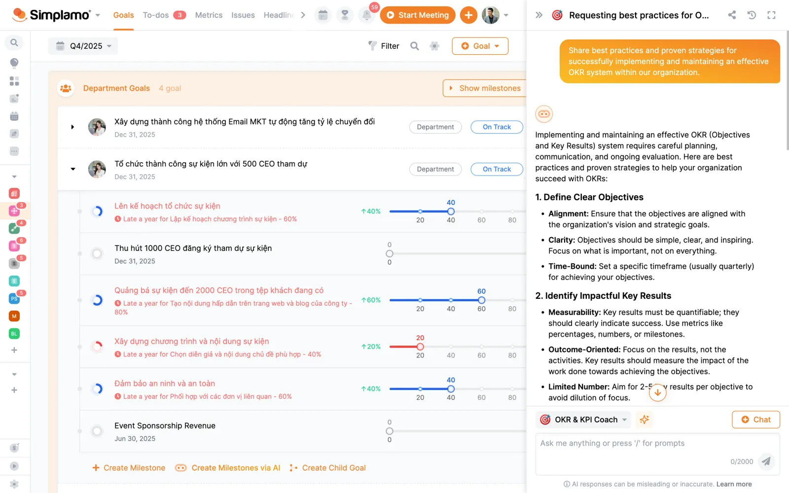 Simplamo's goals page with the AI chat panel open, where the OKR & KPI Coach answers a question about OKR best practices.