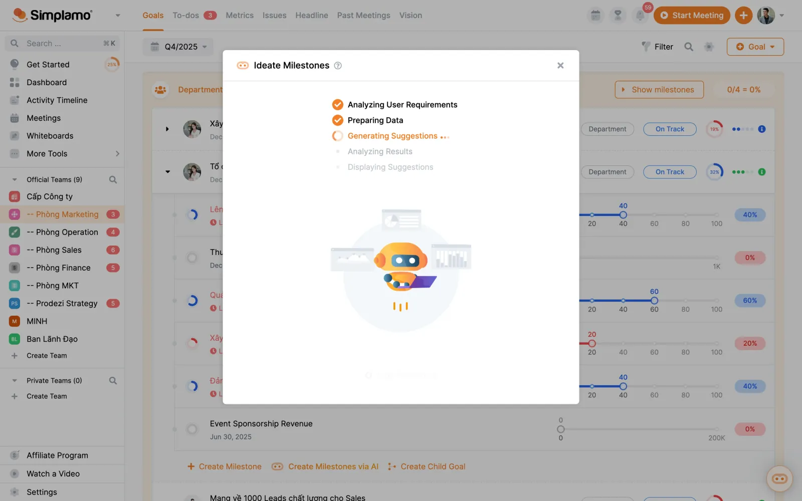 The Ideate Milestones dialog working through its steps, with a robot illustration while suggestions generate.