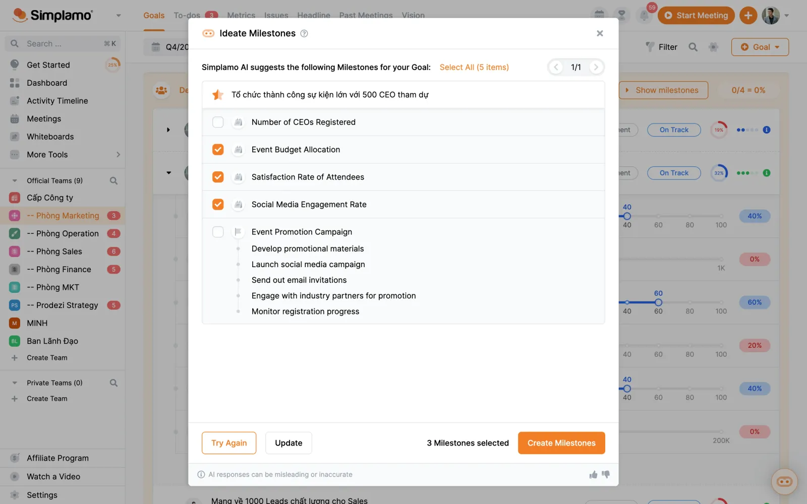 The Ideate Milestones dialog listing five suggested milestones for a goal, three of them selected, above a Create Milestones button.
