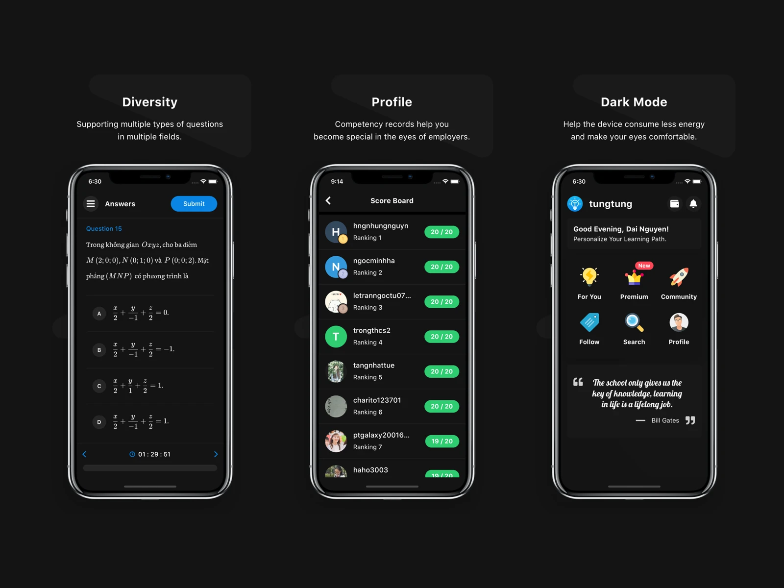 Three dark mode screens of the Tung Tung app: a math question with answer choices, a score board, and the home screen.