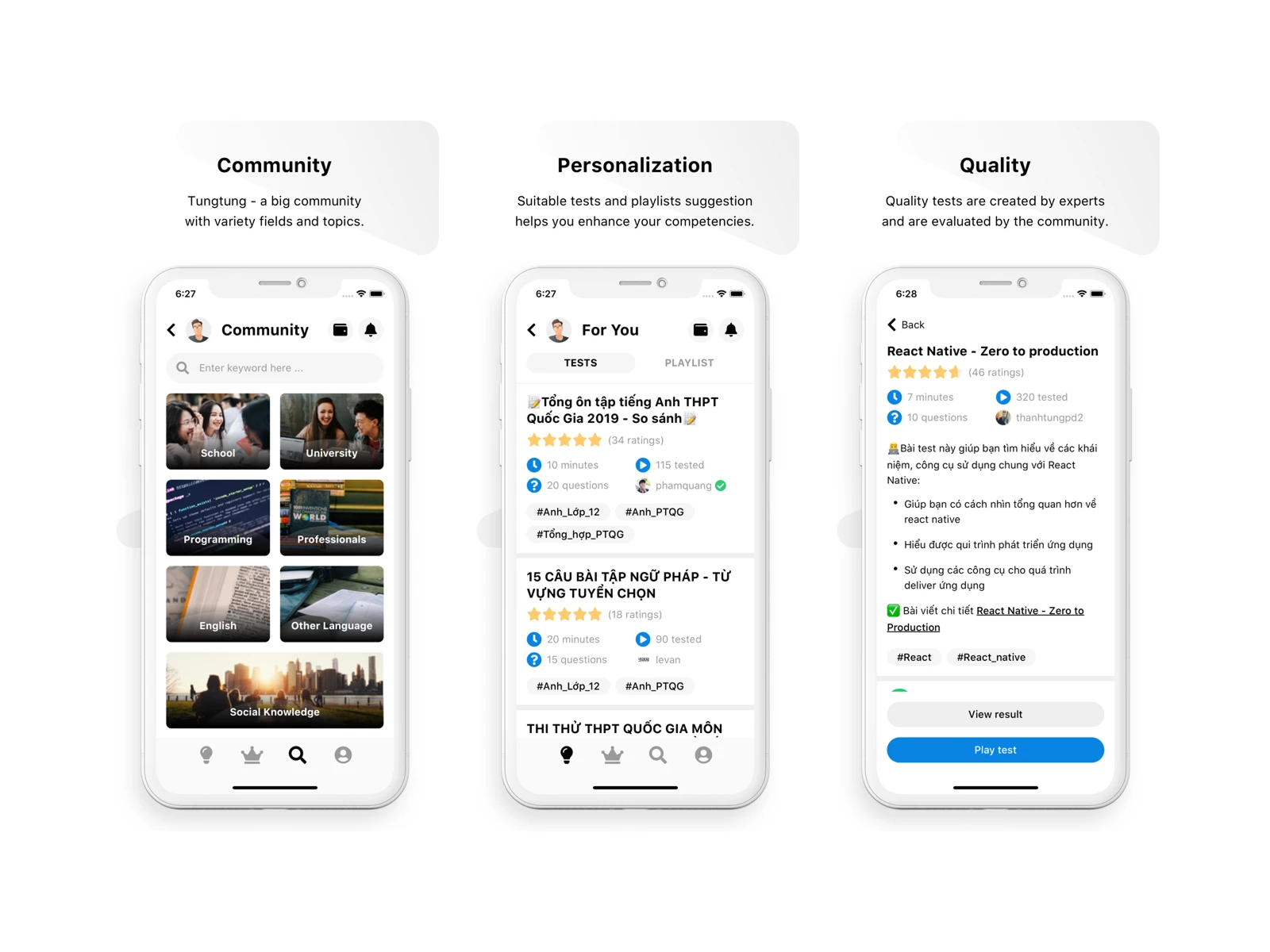 Three light mode screens of the Tung Tung app: community topics, suggested tests, and a test's detail page.