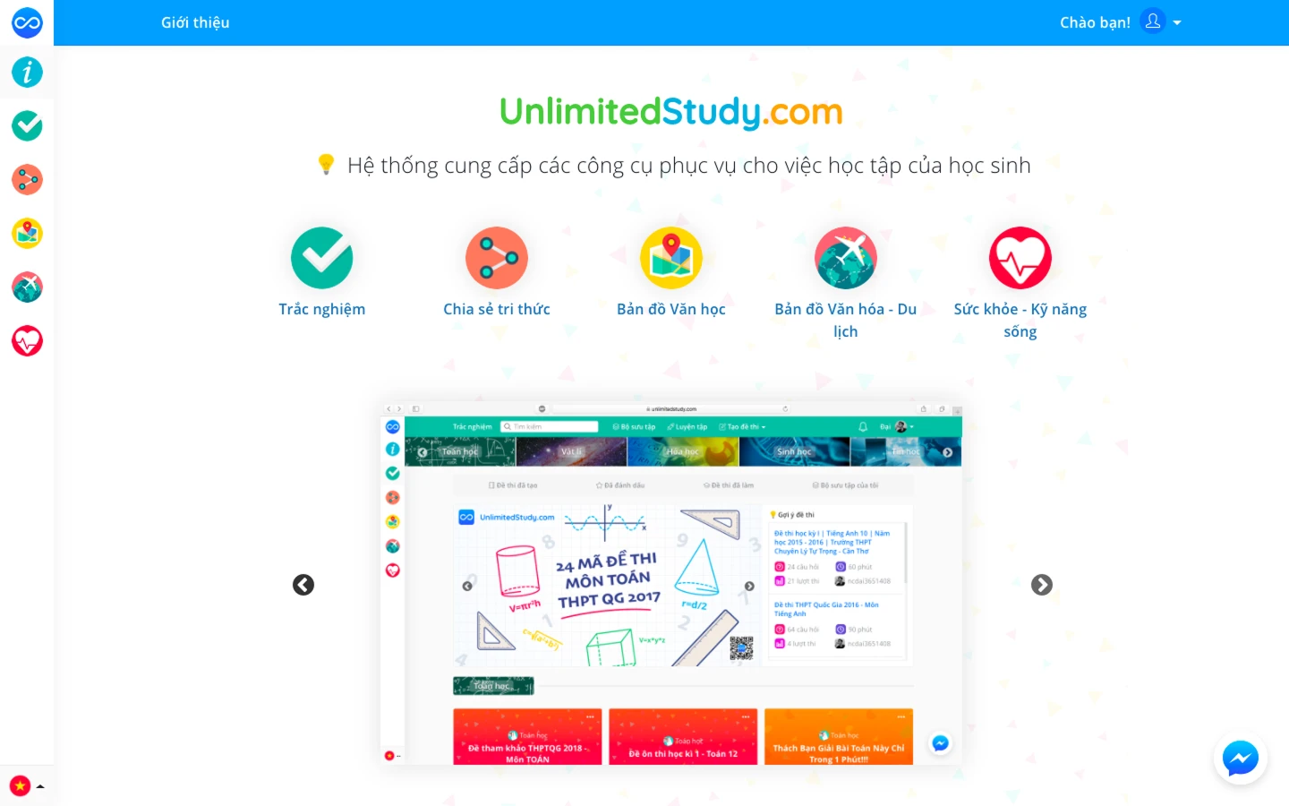 The UnlimitedStudy landing page listing its tools: quizzes, knowledge sharing, literature and culture maps, and health and life skills.