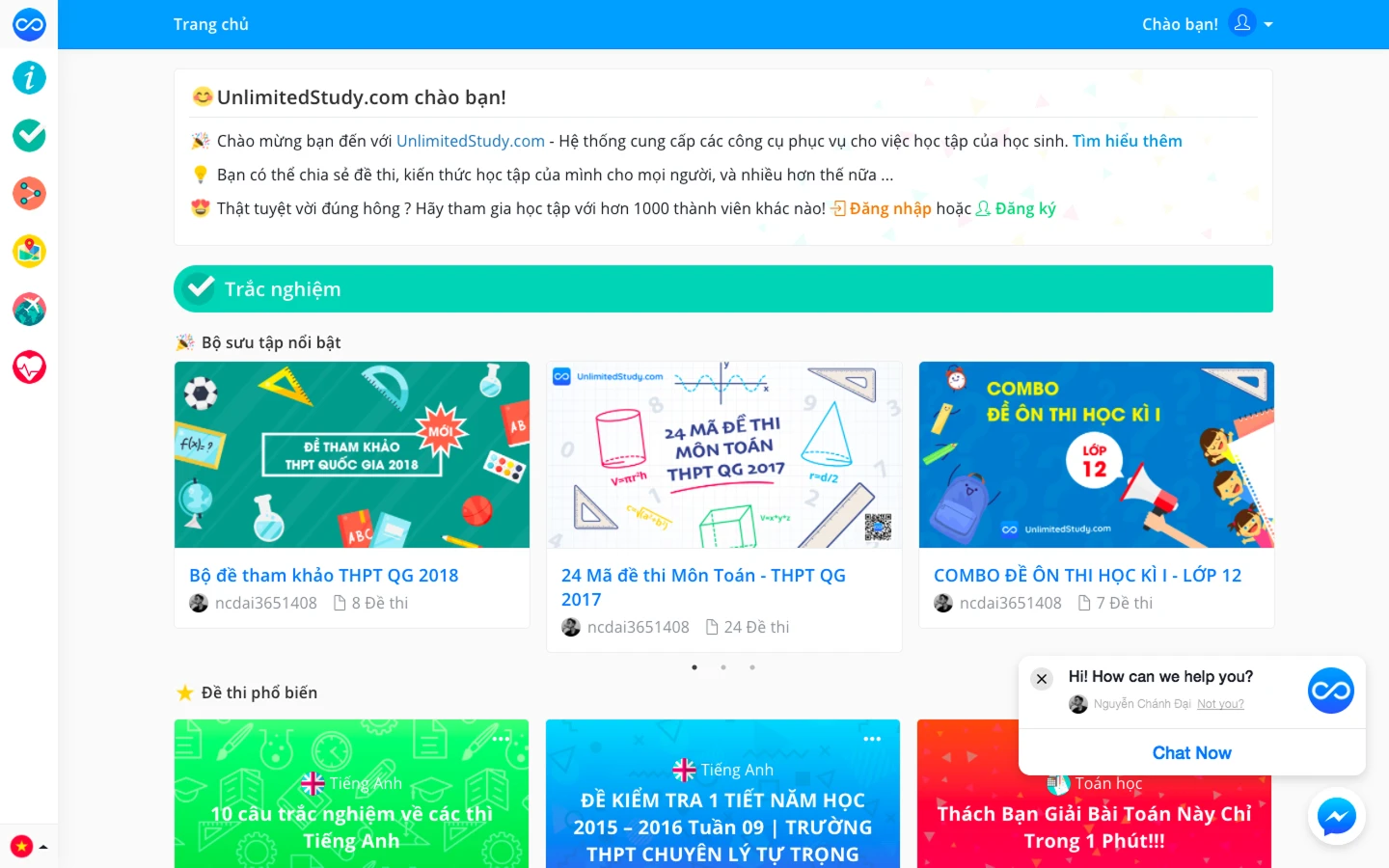 The home page with featured quiz collections and popular tests.