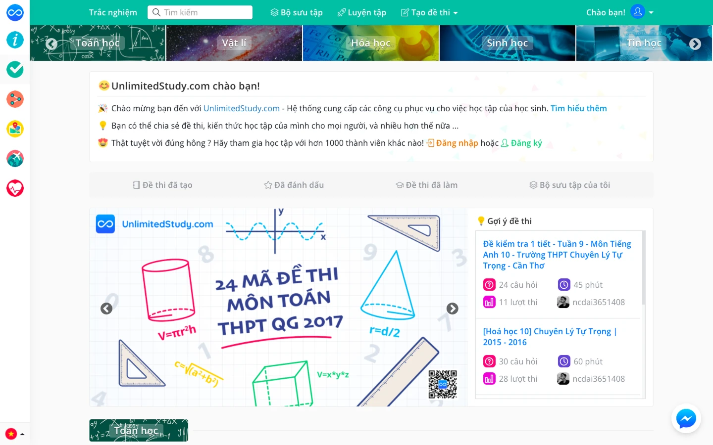 The quiz section with subject tabs, a featured collection banner, and suggested tests.